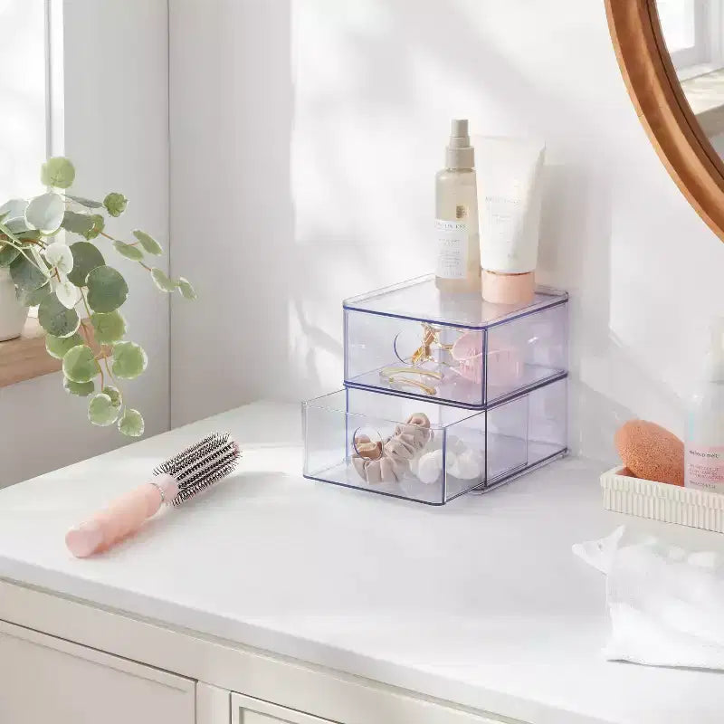 Cassetto impilabile trasparente, contenitore multiuso in plastica, 2 cassetti, 15x15x15 cm, organizer per prodotti da bagno