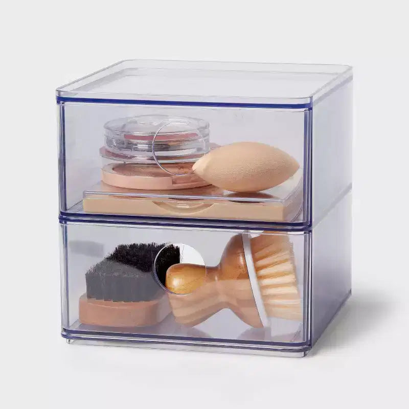 Cassetto impilabile trasparente, contenitore multiuso in plastica, 2 cassetti, 15x15x15 cm, organizer per prodotti da bagno