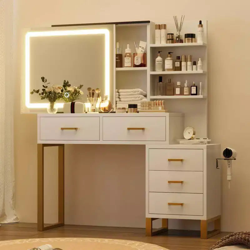 Toeletta con specchio, stazione di ricarica per trucco, luce a LED con 3 modalità di illuminazione, 5 ampi cassetti e 3 ripiani aperti
