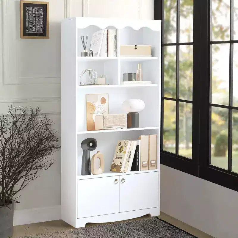Libreria a 5 Ripiani con Mobiletto, Scaffale Autoportante Alto 160 cm, Libreria Moderna Autoportante in Legno, Scaffale Aperto per Esposizione e Contenimento, Bianco