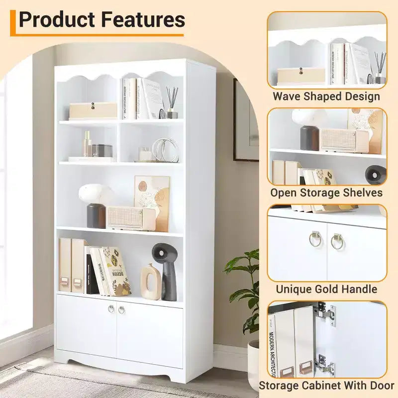 Libreria a 5 Ripiani con Mobiletto, Scaffale Autoportante Alto 160 cm, Libreria Moderna Autoportante in Legno, Scaffale Aperto per Esposizione e Contenimento, Bianco