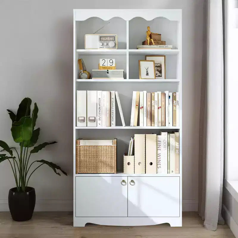 Libreria a 5 Ripiani con Mobiletto, Scaffale Autoportante Alto 160 cm, Libreria Moderna Autoportante in Legno, Scaffale Aperto per Esposizione e Contenimento, Bianco