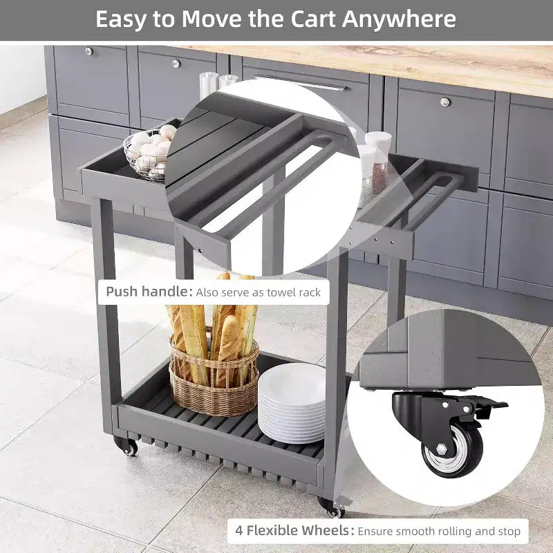 Carrello di servizio multiuso con ruote e ripiani rialzati, carrello da esterno a 2 ripiani per casa, ufficio, barbecue in patio, grigliate in giardino, capacità 227 kg