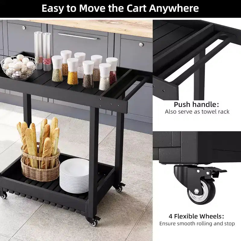 Carrello di servizio multiuso con ruote e ripiani rialzati, carrello da esterno a 2 ripiani per casa, ufficio, barbecue in patio, grigliate in giardino, capacità 227 kg