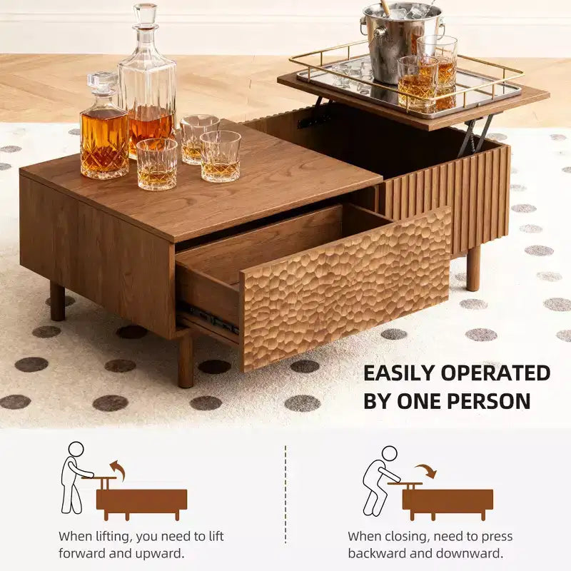 Tavolino da caffè moderno scanalato con piano sollevabile, vano portaoggetti nascosto e cassetti con texture artigianale, noce