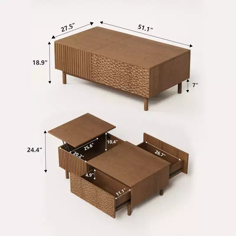Tavolino da caffè moderno scanalato con piano sollevabile, vano portaoggetti nascosto e cassetti con texture artigianale, noce