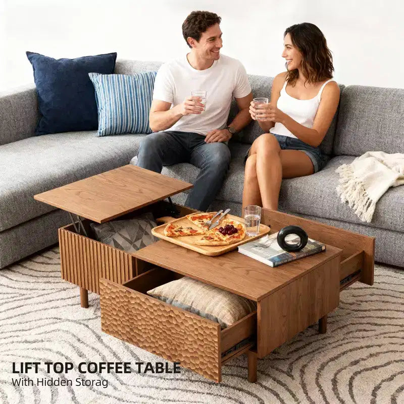 Tavolino da caffè moderno scanalato con piano sollevabile, vano portaoggetti nascosto e cassetti con texture artigianale, noce