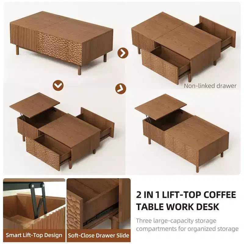 Tavolino da caffè moderno scanalato con piano sollevabile, vano portaoggetti nascosto e cassetti con texture artigianale, noce