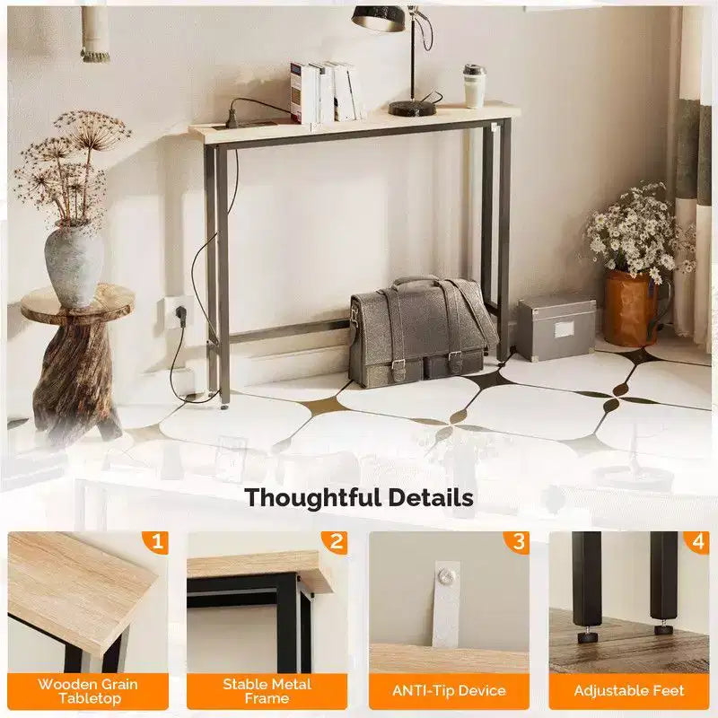 Tavolo da ingresso color rovere in melamina e ferro, set da 1 pezzo, con ciabatta elettrica
