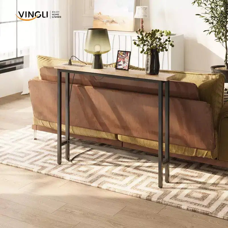Tavolo da ingresso color rovere in melamina e ferro, set da 1 pezzo, con ciabatta elettrica