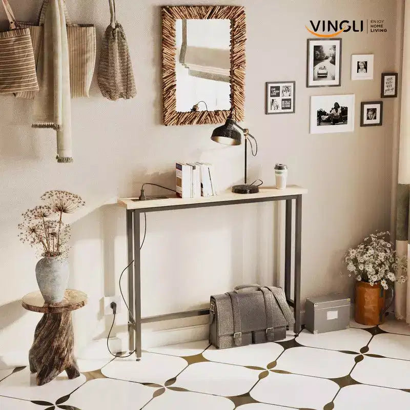 Tavolo da ingresso color rovere in melamina e ferro, set da 1 pezzo, con ciabatta elettrica