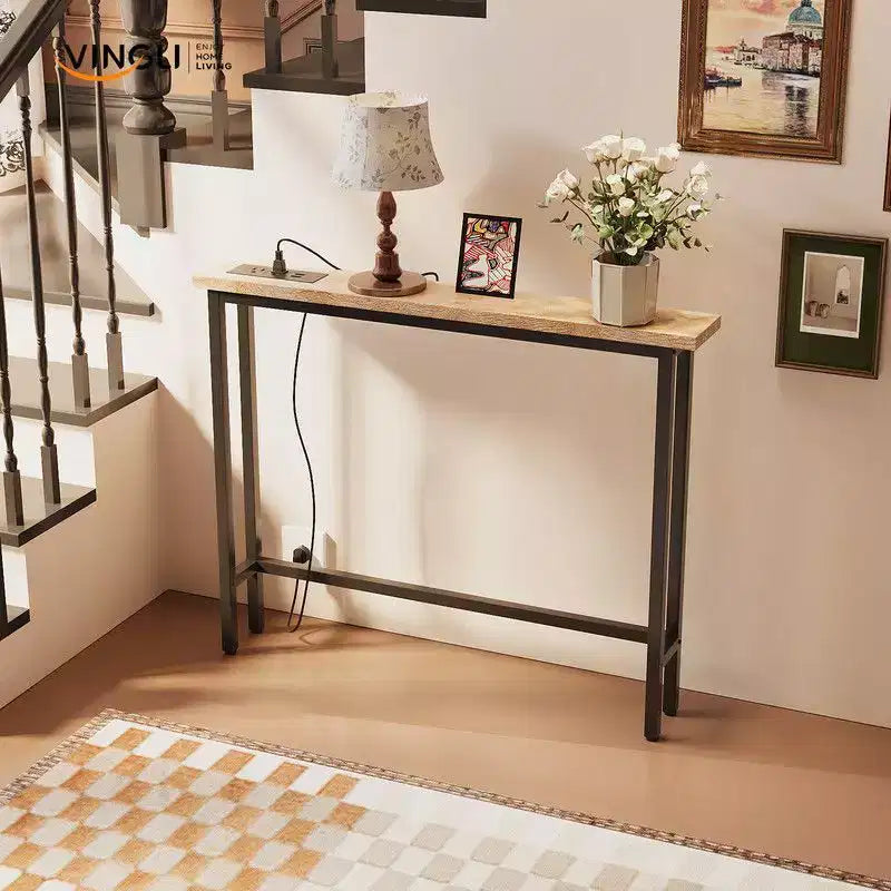 Tavolo da ingresso color rovere in melamina e ferro, set da 1 pezzo, con ciabatta elettrica