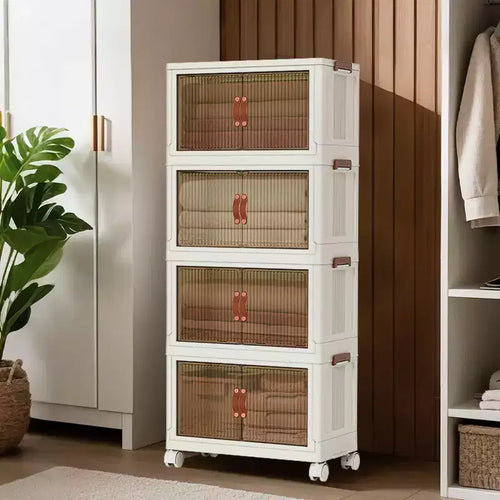 Contenitori impilabili in plastica a 4 ripiani, 4 contenitori pieghevoli con ruote, organizer e contenitori a doppia anta per casa e camera da letto