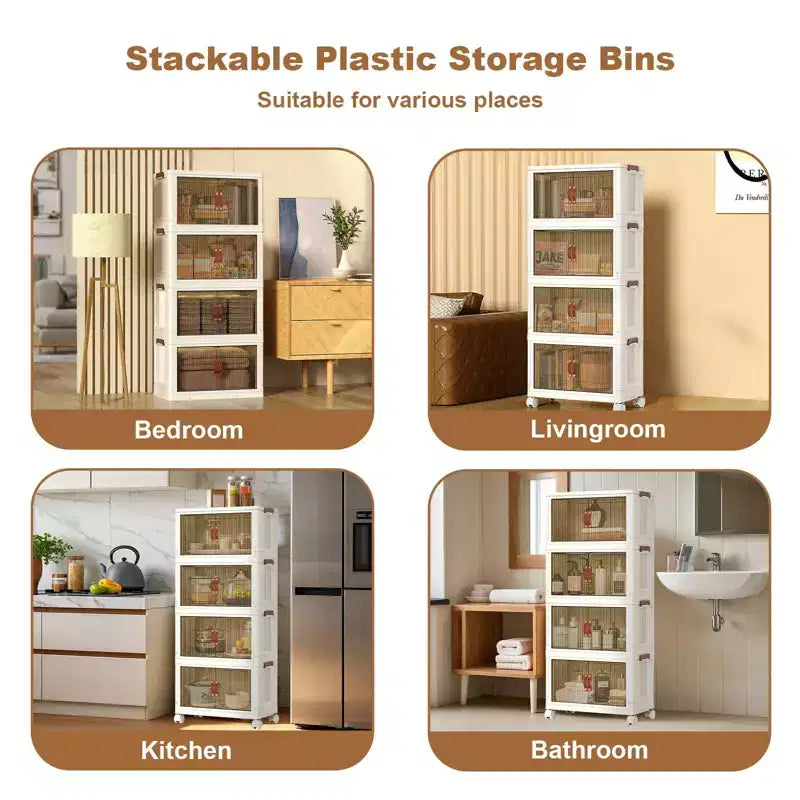 Contenitori impilabili in plastica a 4 ripiani, 4 contenitori pieghevoli con ruote, organizer e contenitori a doppia anta per casa e camera da letto