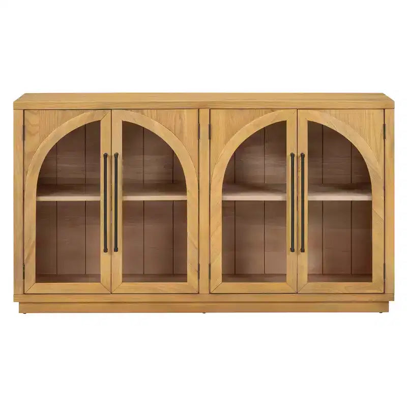 Credenza a 4 ante con ampio spazio contenitivo, ante in vetro e ripiani regolabili per sala da pranzo e soggiorno, legno naturale