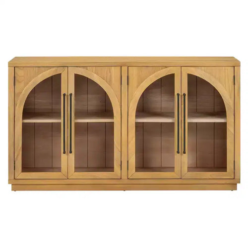 Credenza a 4 ante con ampio spazio contenitivo, ante in vetro e ripiani regolabili per sala da pranzo e soggiorno, legno naturale