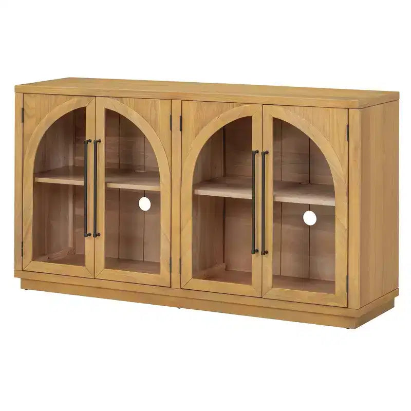 Credenza a 4 ante con ampio spazio contenitivo, ante in vetro e ripiani regolabili per sala da pranzo e soggiorno, legno naturale