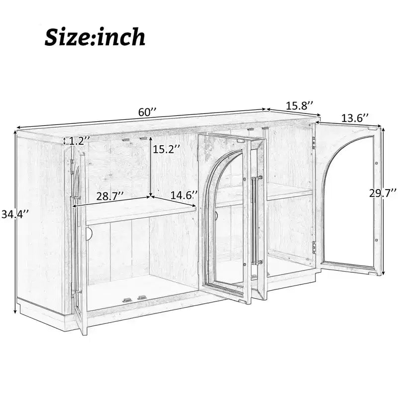 Credenza a 4 ante con ampio spazio contenitivo, ante in vetro e ripiani regolabili per sala da pranzo e soggiorno, legno naturale