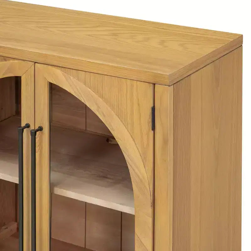 Credenza a 4 ante con ampio spazio contenitivo, ante in vetro e ripiani regolabili per sala da pranzo e soggiorno, legno naturale