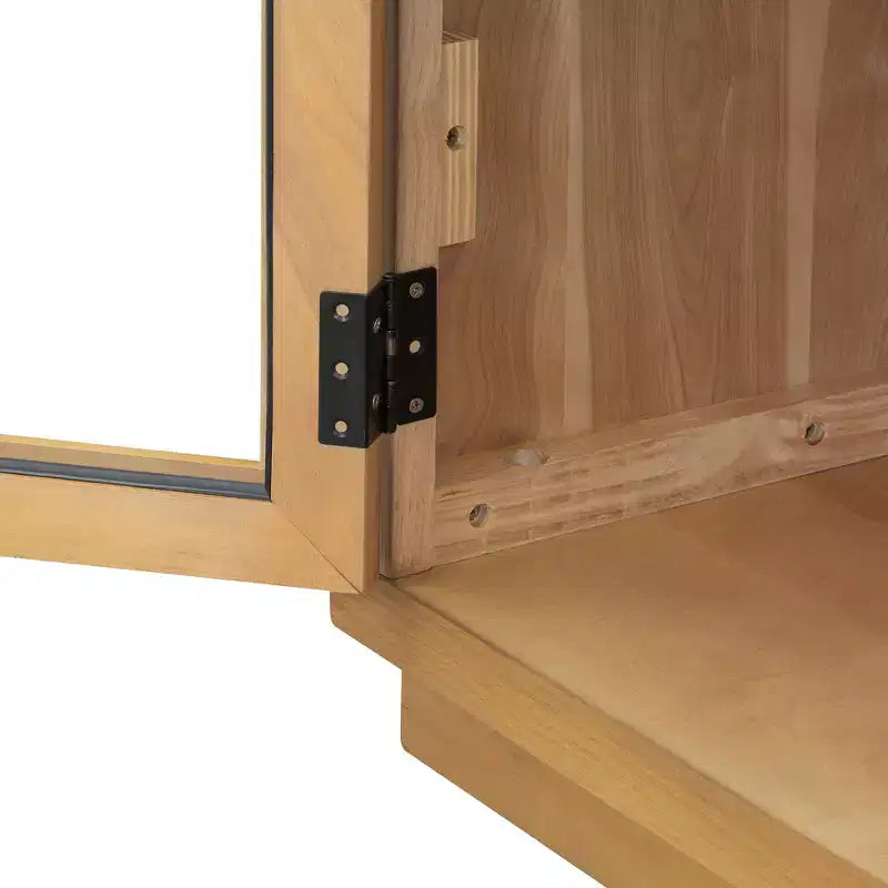Credenza a 4 ante con ampio spazio contenitivo, ante in vetro e ripiani regolabili per sala da pranzo e soggiorno, legno naturale