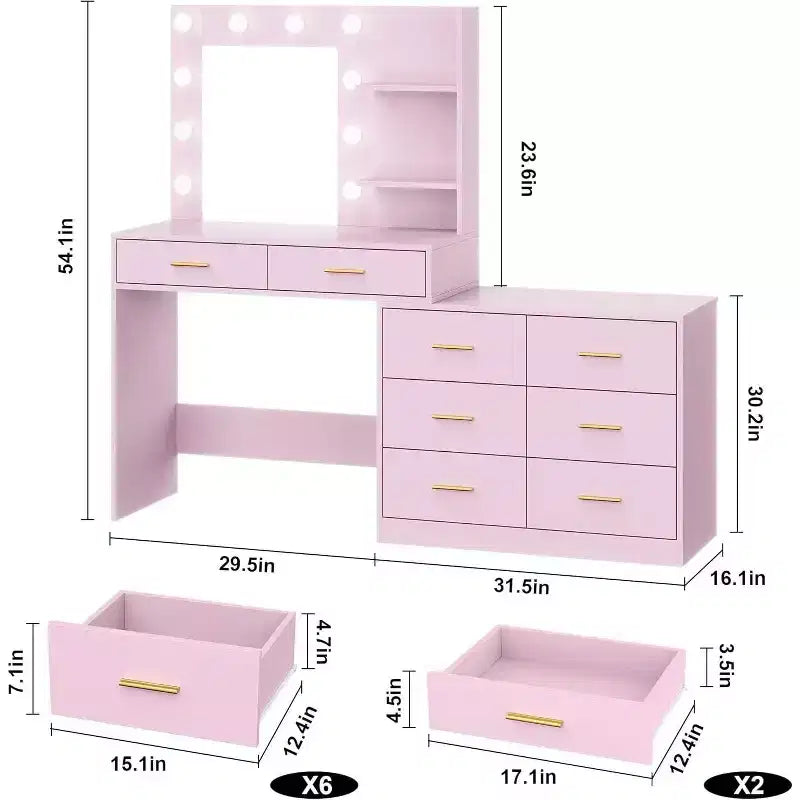 Toeletta da Trucco da 61 Pollici con Specchio, 8 Ampio Cassetti, Ripiani Portaoggetti a 2 Livelli, Specchio Regolabile a 3 Modalità, Tavolo da Trucco Rosa per Camera da Letto