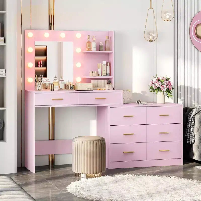 Toeletta da Trucco da 61 Pollici con Specchio, 8 Ampio Cassetti, Ripiani Portaoggetti a 2 Livelli, Specchio Regolabile a 3 Modalità, Tavolo da Trucco Rosa per Camera da Letto