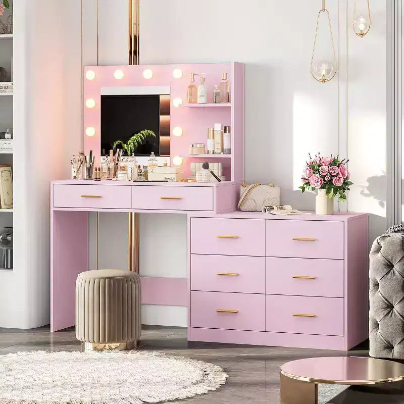 Toeletta da Trucco da 61 Pollici con Specchio, 8 Ampio Cassetti, Ripiani Portaoggetti a 2 Livelli, Specchio Regolabile a 3 Modalità, Tavolo da Trucco Rosa per Camera da Letto