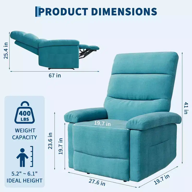 Poltrona reclinabile manuale in tessuto con tasca laterale, divano singolo regolabile con schienale ergonomico per la cameretta