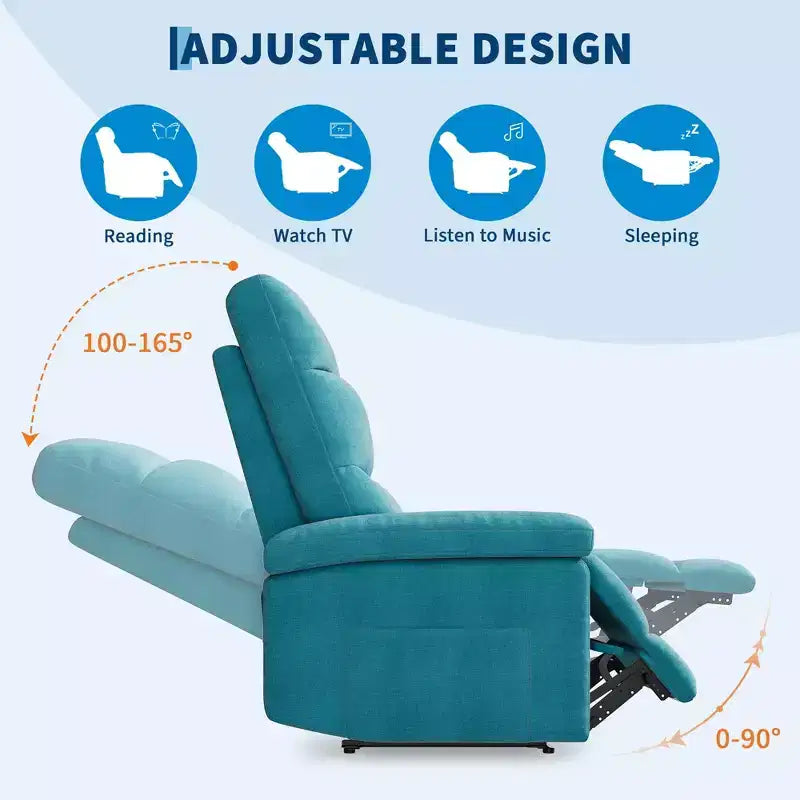 Poltrona reclinabile manuale in tessuto con tasca laterale, divano singolo regolabile con schienale ergonomico per la cameretta