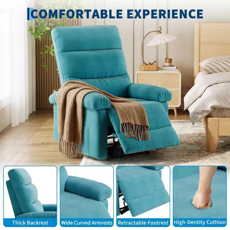 Poltrona reclinabile manuale in tessuto con tasca laterale, divano singolo regolabile con schienale ergonomico per la cameretta