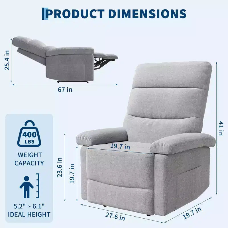 Poltrona reclinabile manuale in tessuto con tasca laterale, divano singolo regolabile con schienale ergonomico per la cameretta