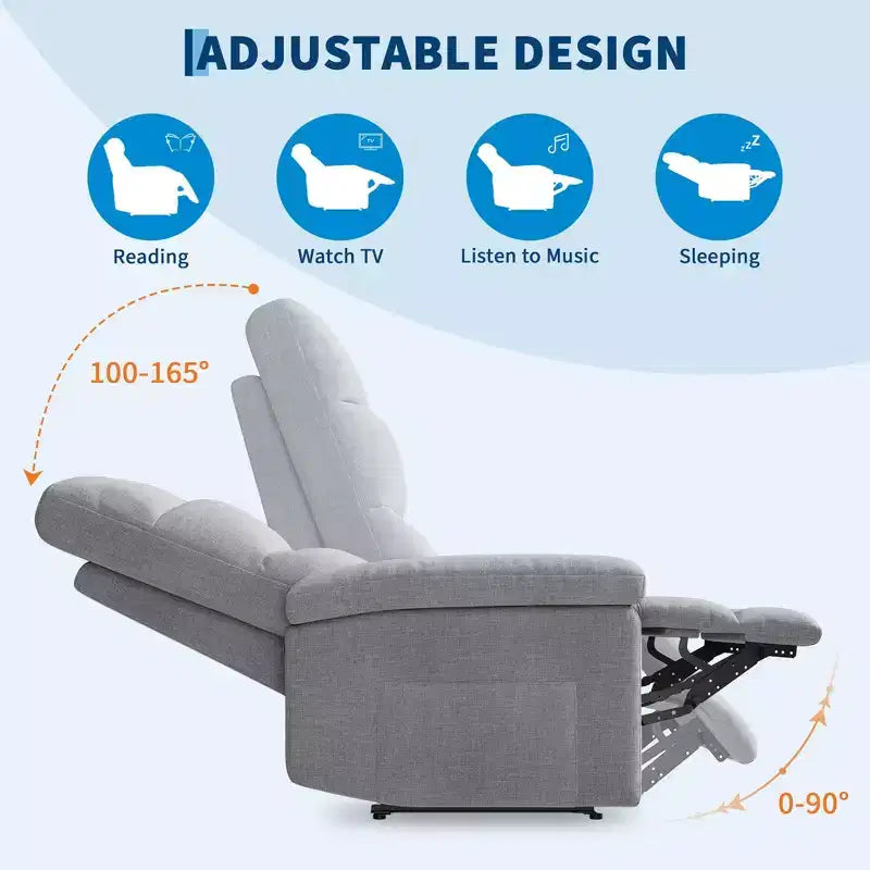 Poltrona reclinabile manuale in tessuto con tasca laterale, divano singolo regolabile con schienale ergonomico per la cameretta