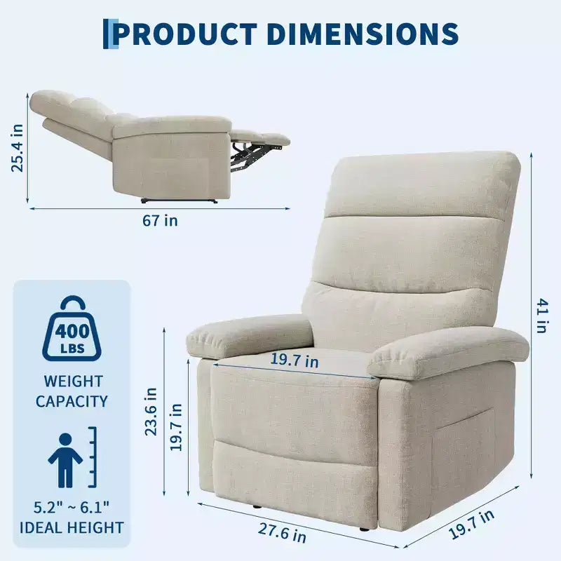 Poltrona reclinabile manuale in tessuto con tasca laterale, divano singolo regolabile con schienale ergonomico per la cameretta