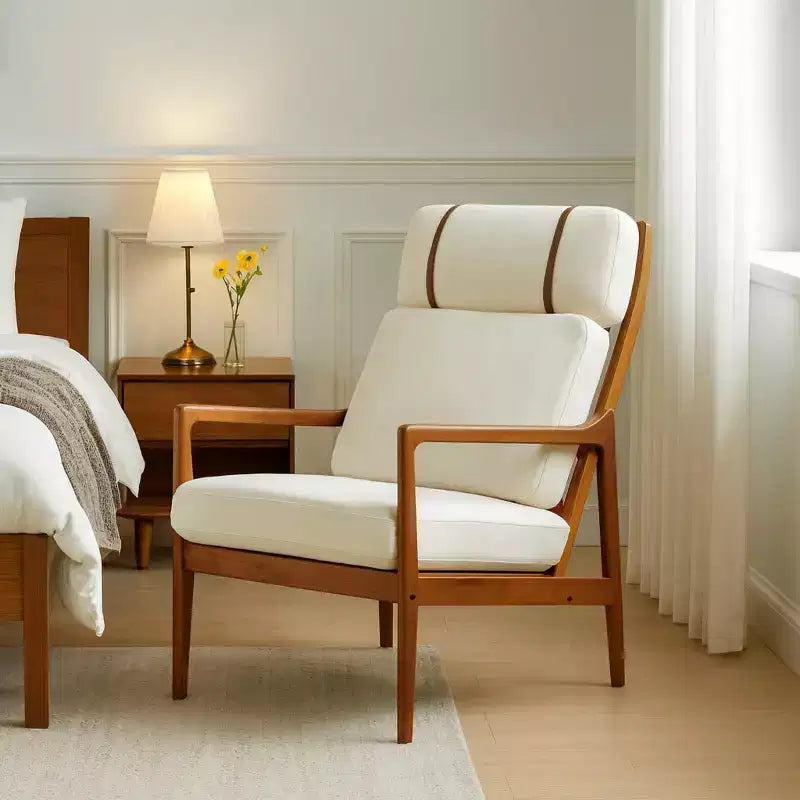 Poltrona d'Appoggio Mid-Century Modern con Struttura in Legno Massiccio e Cuscini Imbottiti, per Soggiorno o Angolo Lettura, Beige