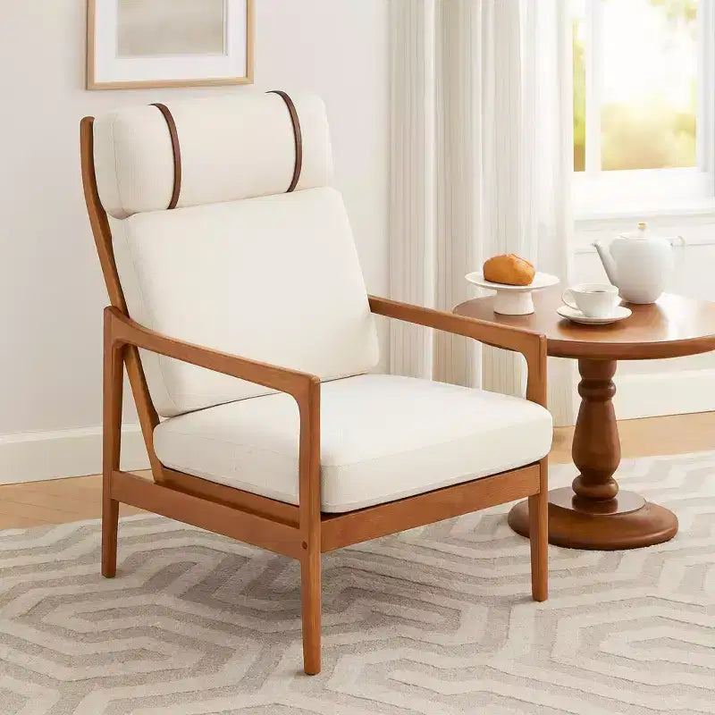 Poltrona d'Appoggio Mid-Century Modern con Struttura in Legno Massiccio e Cuscini Imbottiti, per Soggiorno o Angolo Lettura, Beige