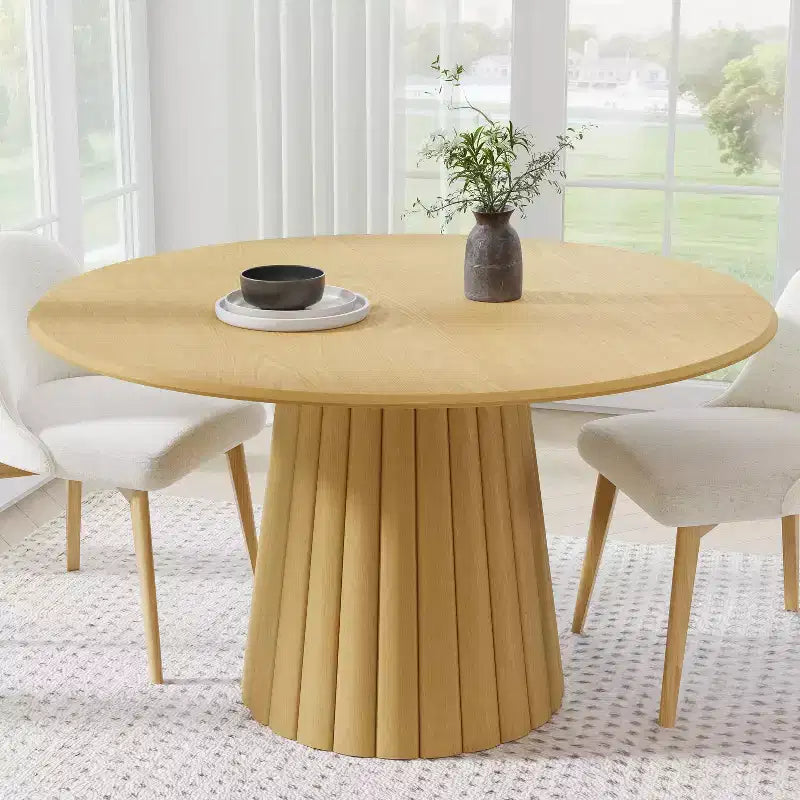 Tavolo da pranzo rotondo in legno da 52 pollici per 4-6 persone, piano con bordo a forma di arco e base affusolata testurizzata per soggiorno/sala da pranzo, naturale