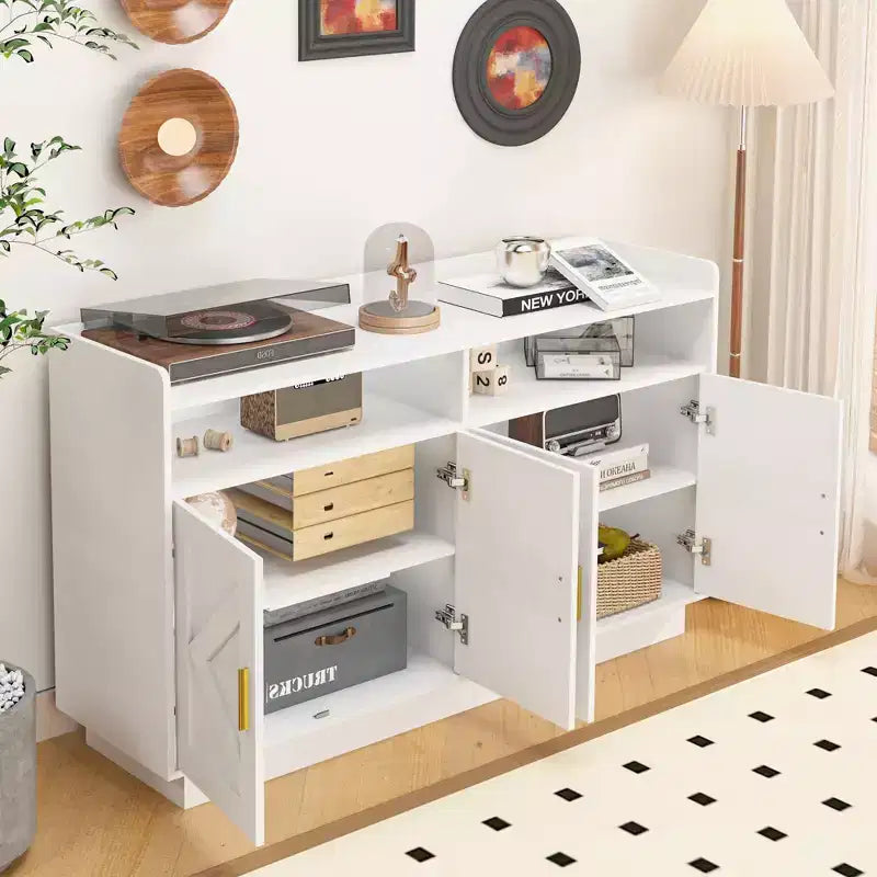 Credenza con 4 Ante e 2 Cassetti, Maniglie in Metallo, Armadio Contenitore per Soggiorno, Sala da Pranzo, Cucina