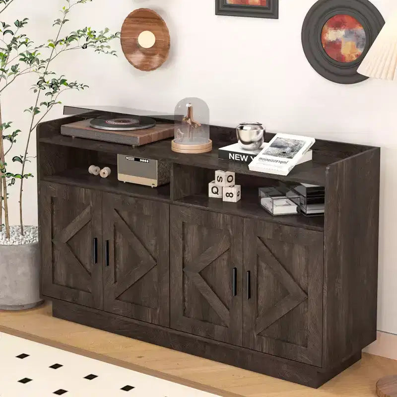 Credenza con 4 Ante e 2 Cassetti, Maniglie in Metallo, Armadio Contenitore per Soggiorno, Sala da Pranzo, Cucina
