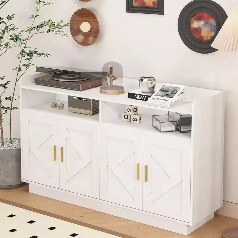 Credenza con 4 Ante e 2 Cassetti, Maniglie in Metallo, Armadio Contenitore per Soggiorno, Sala da Pranzo, Cucina