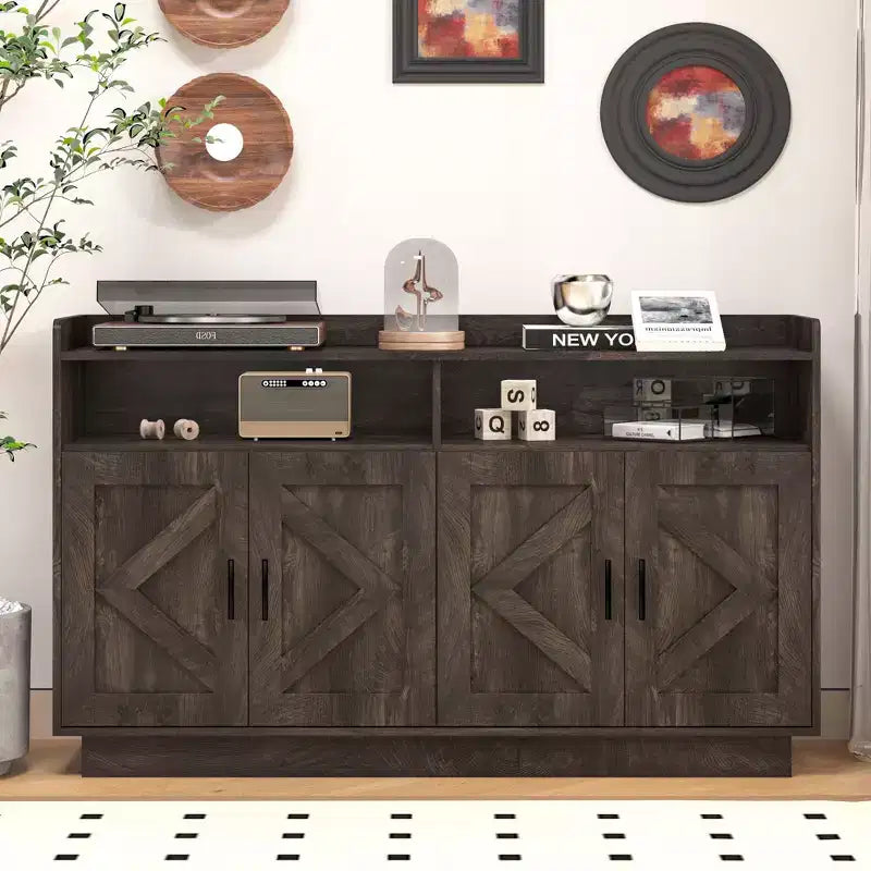 Credenza con 4 Ante e 2 Cassetti, Maniglie in Metallo, Armadio Contenitore per Soggiorno, Sala da Pranzo, Cucina