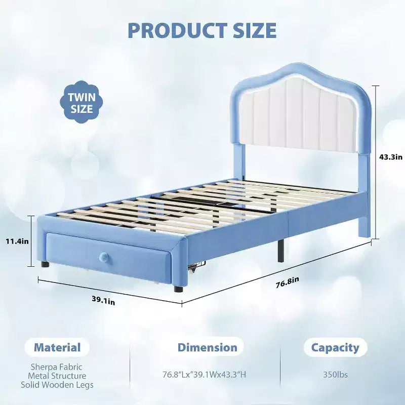 Letto a una piazza e mezza in velluto con funzione luminosa, cassetto portaoggetti, testiera imbottita, nessun box spring, blu