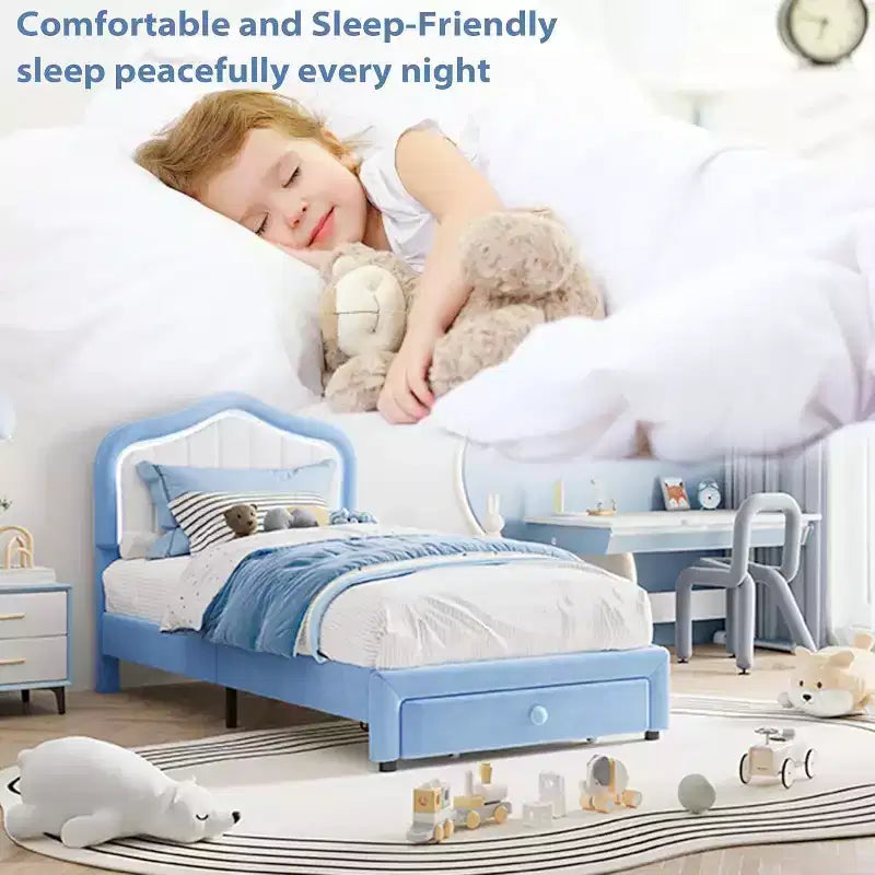 Letto a una piazza e mezza in velluto con funzione luminosa, cassetto portaoggetti, testiera imbottita, nessun box spring, blu