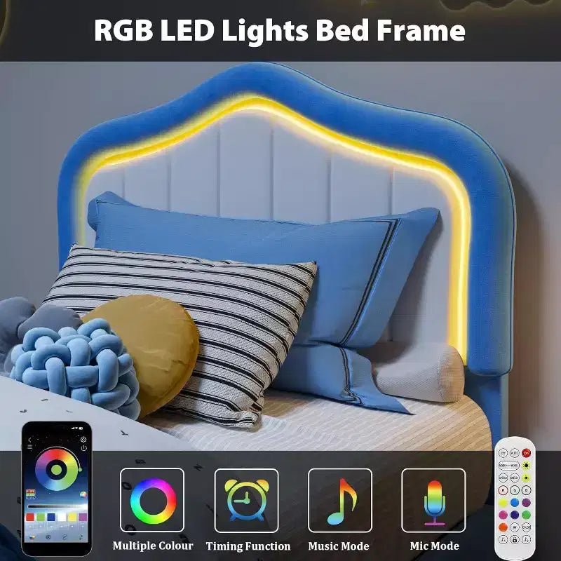 Letto a una piazza e mezza in velluto con funzione luminosa, cassetto portaoggetti, testiera imbottita, nessun box spring, blu