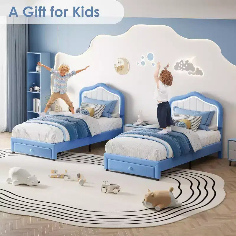 Letto a una piazza e mezza in velluto con funzione luminosa, cassetto portaoggetti, testiera imbottita, nessun box spring, blu