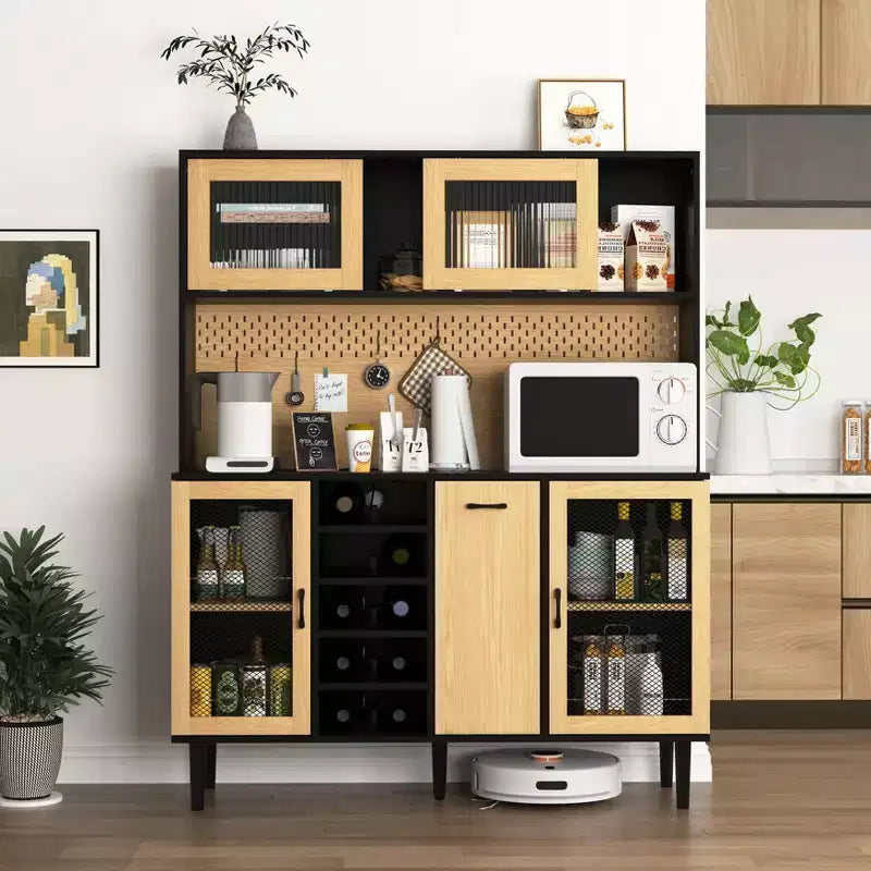 Madia in Legno con 4 Ante e 2 Cassetti, Mobile Contenitore per Soggiorno, Sala da Pranzo, Cucina