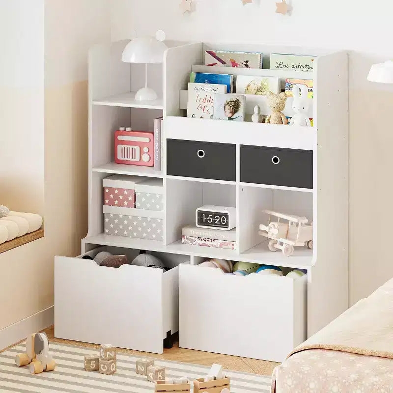 Libreria in legno per bambini da 47,8 pollici con 4 cassetti, scaffale per libri per bambini, portagiochi da terra per la cameretta dei bambini, aula