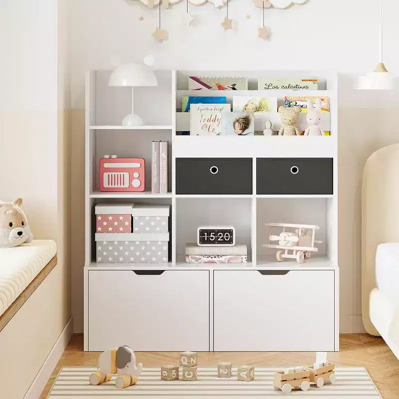Libreria in legno per bambini da 47,8 pollici con 4 cassetti, scaffale per libri per bambini, portagiochi da terra per la cameretta dei bambini, aula