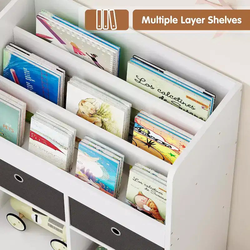 Libreria in legno per bambini da 47,8 pollici con 4 cassetti, scaffale per libri per bambini, portagiochi da terra per la cameretta dei bambini, aula