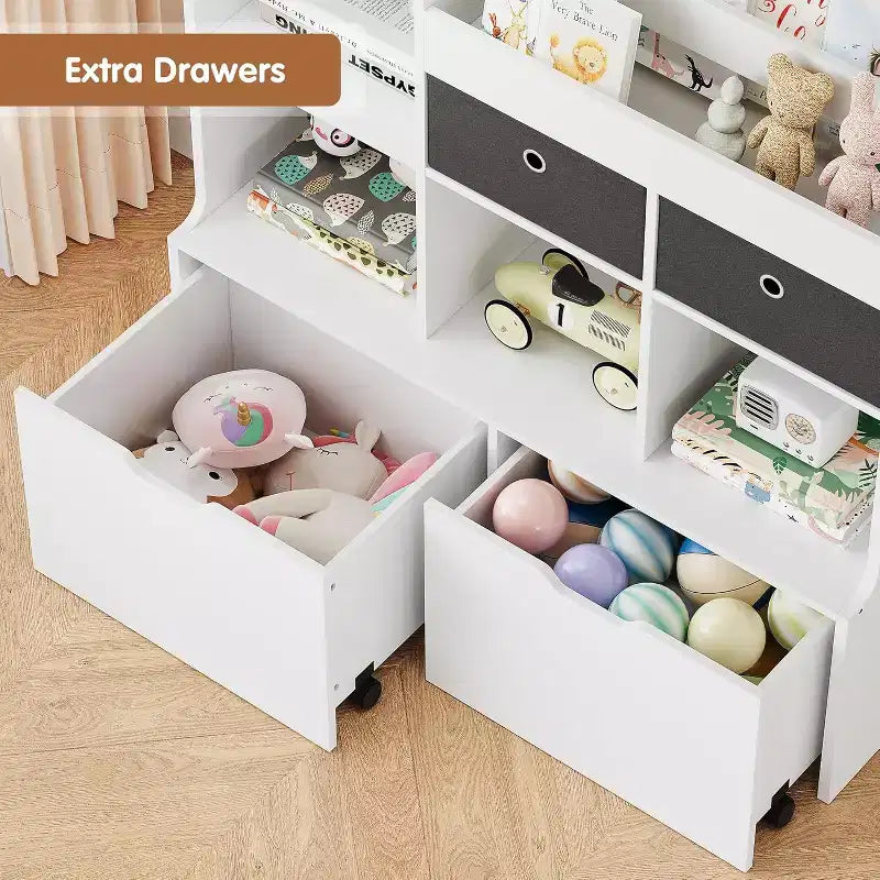 Libreria in legno per bambini da 47,8 pollici con 4 cassetti, scaffale per libri per bambini, portagiochi da terra per la cameretta dei bambini, aula