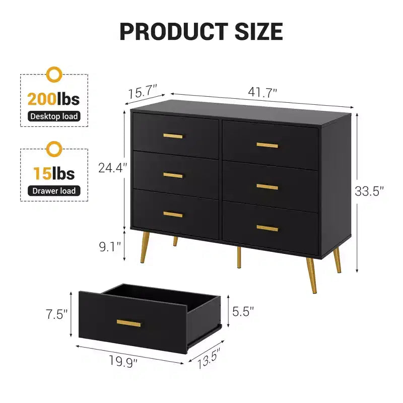 Cassettiera in Legno, Cassettiera Moderna a 6 Cassetti con Maniglie Dorate e Robuste Gambe in Metallo, Organizer per Cassetti da Camera da Letto per Soggiorno, Ingresso